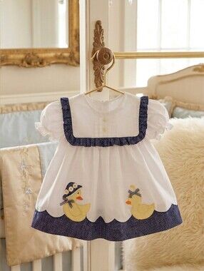 5/$100 Vintage White Baby Dress with Navy Trim and Duck Appliqués 💛